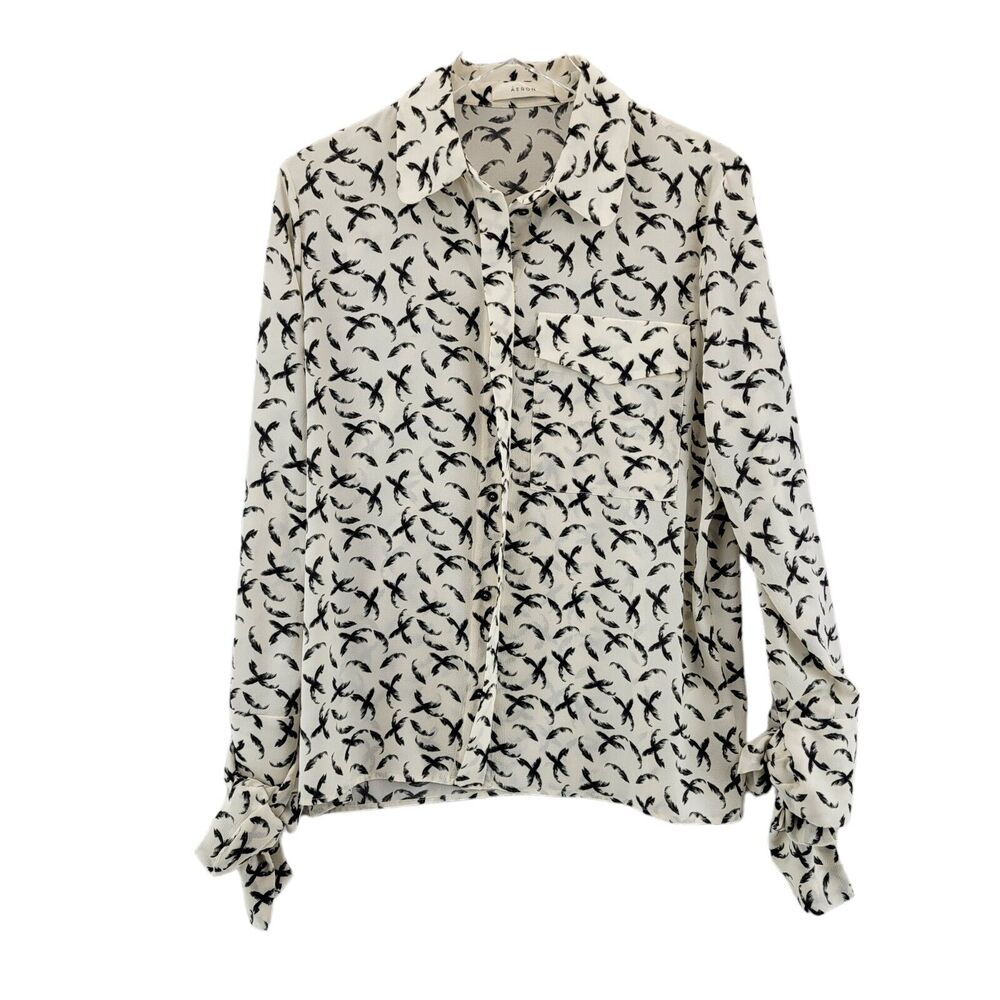 Aeron Long Sleeve Blouse Size Large (40) Ivory Black Print Tie Cuffs Semi-Sheer